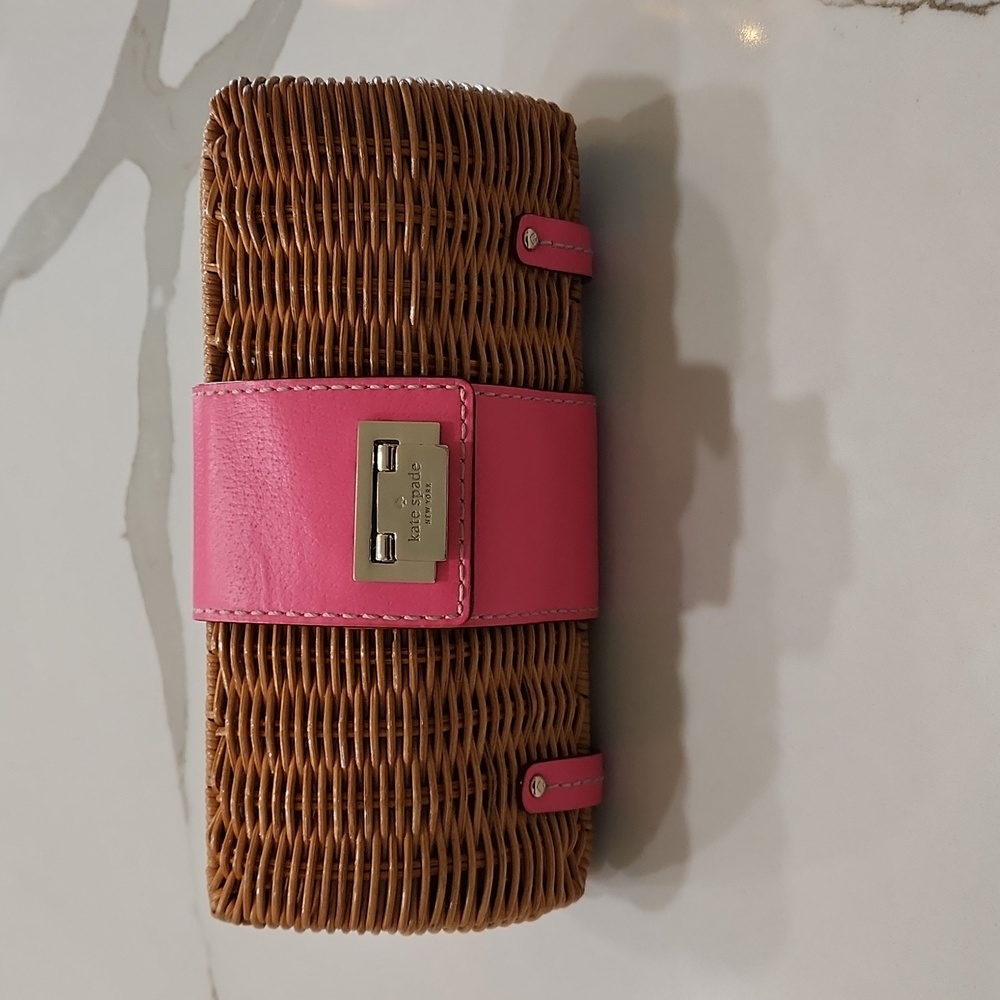 Kate Spade Wicker & Pink Leather Clutch Handbag